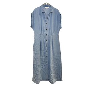 LOFT Denim Chambray Shirt Dress Button Front Boxy Sleeve Blue Linen Size 10